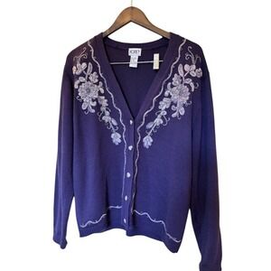 Koret Vintage '80s Purple Floral Embroidered Cardigan Sweater Heart Buttons M